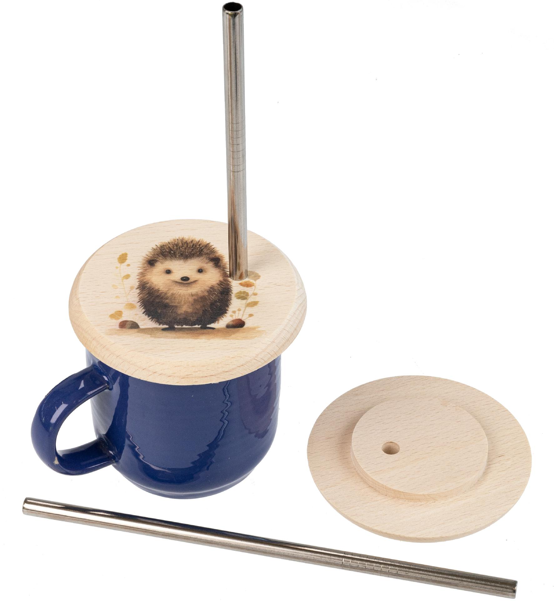 Glasabdeckung Buchen Holz mit VA Strohhalm mit buntem Tiermotiv Igel