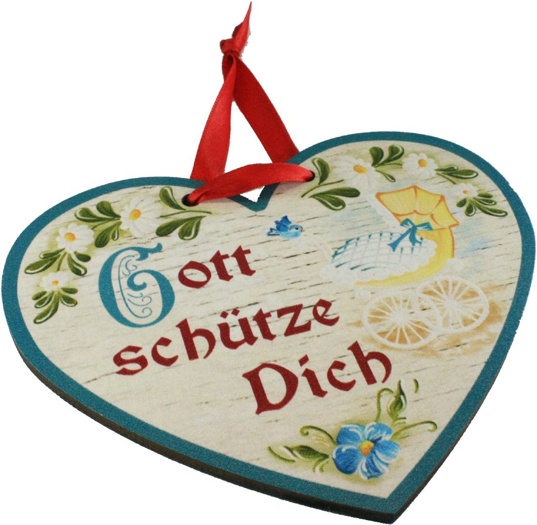 Holz Geschenk Herzen bunt bedruckt Gott schuetze Dich blau
