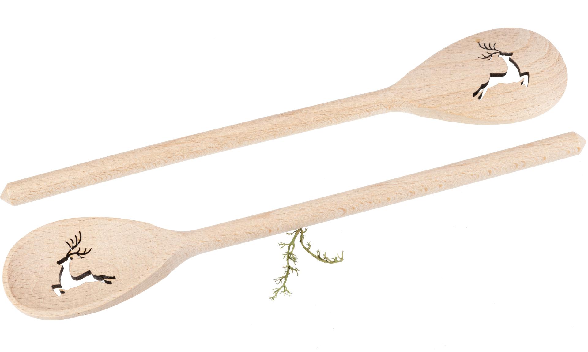 Holz Kochlöffel oval aus Buche - 30 cm - mit Hirsch Auschnitt