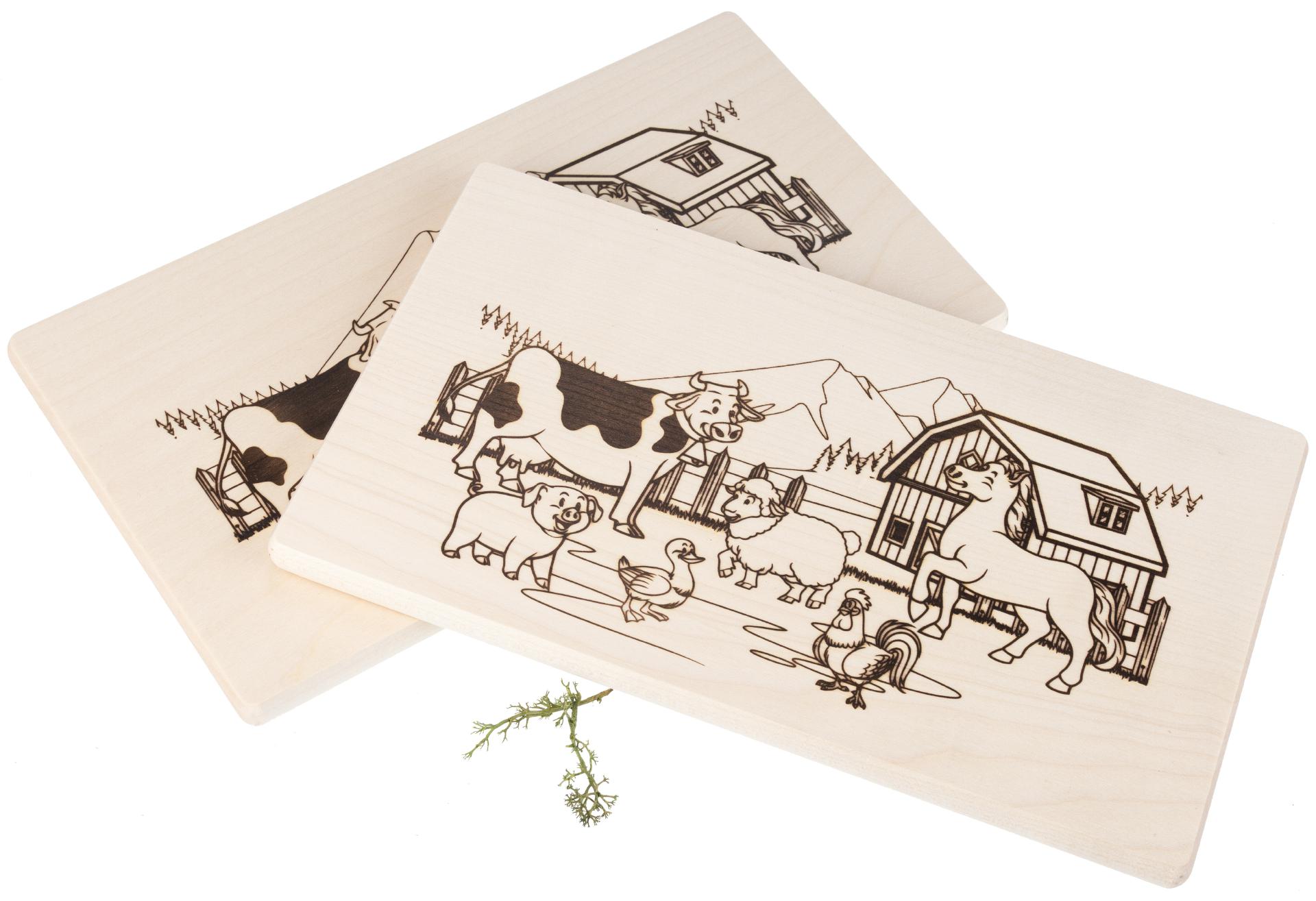 Frühstücksbrett Kinder FSC® Ahorn 26 x 15 x 1,2 cm - Bauernhof mit Tiere malbar
