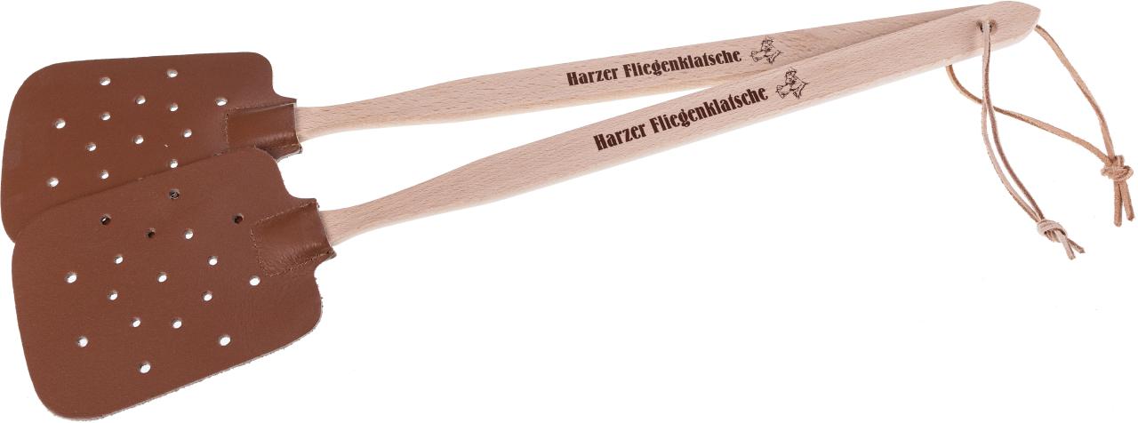 Fliegenklatsche aus Buchenholz und Kunstleder mit Druck: Harzer Fleigenklatsche
