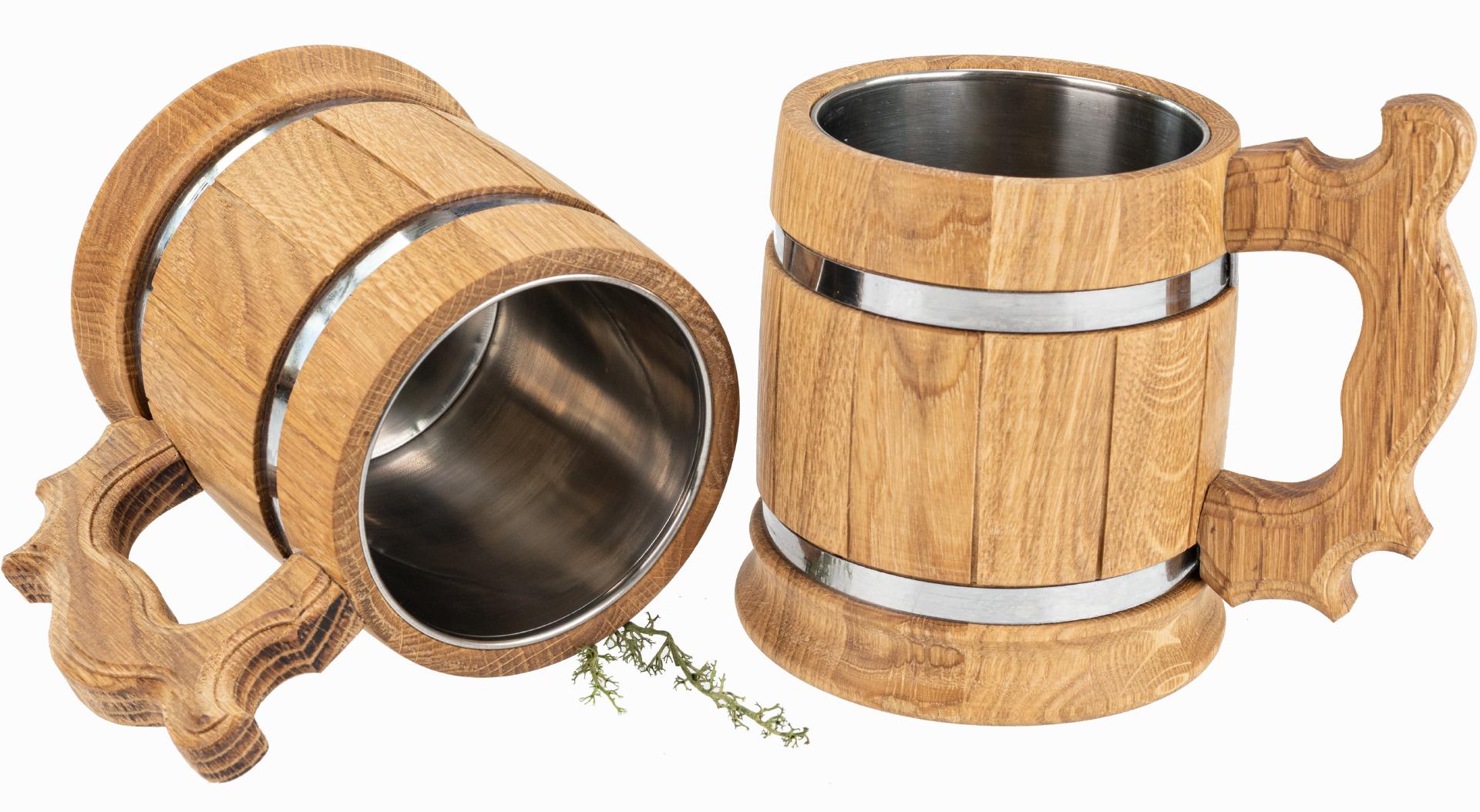 Hochwertiger Bierkrug aus geölter Eiche mit Metallreifen und Edelstahleinsatz (ca. 0,5 Liter)