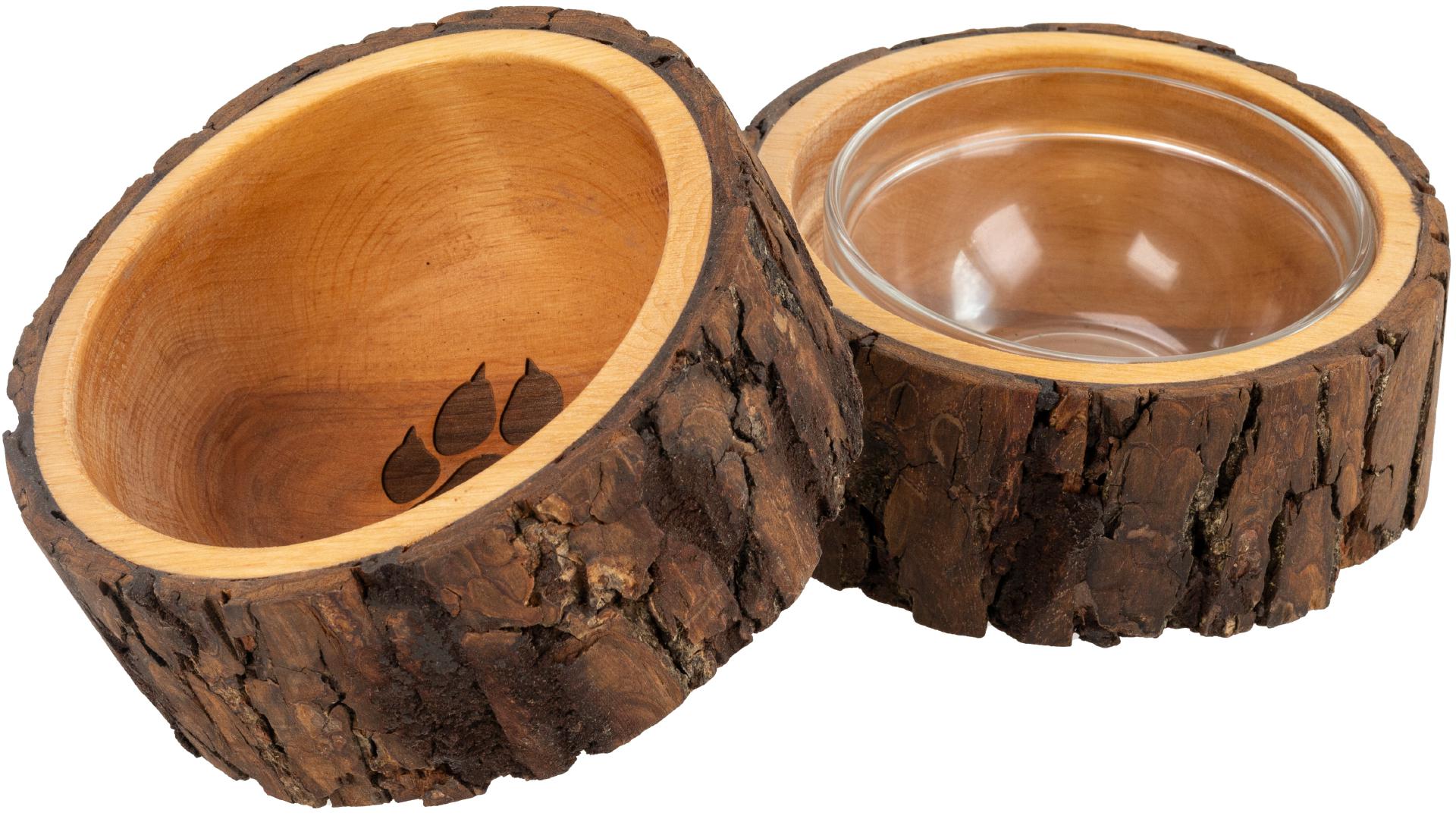 Handgefertigter Holz-Futternapf, Gravur  Katzen Tatze,  mit Glaseinsatz