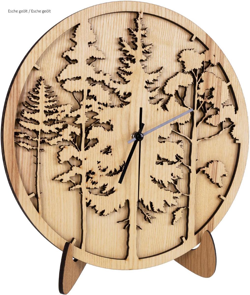 Wanduhr mit Wald Panorama aus Wunschholz und geraeuschlosem Funk Uhrenwerk