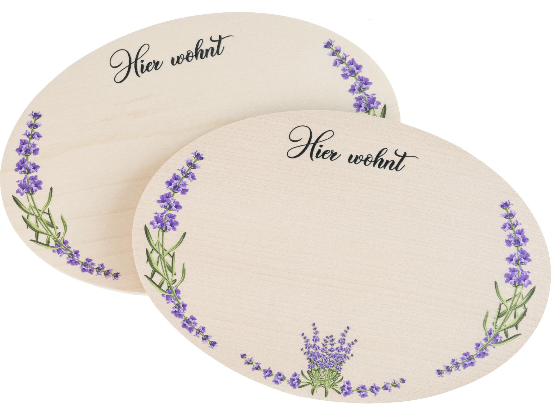 Türschild aus Ahornholz - 19,5 x 13,5 x 1 cm - Buntdruck Lavendel "Hier wohnt"