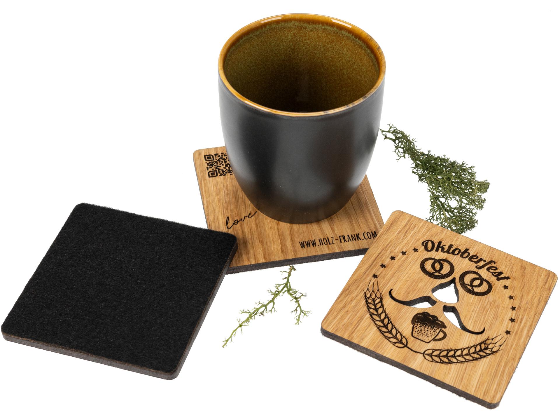 Personalisierte Holz Untersetzer aus FSC® Eiche geölt mit Laser Gravur bis 80 cm² Laser Schnitt bis 40 cm² 