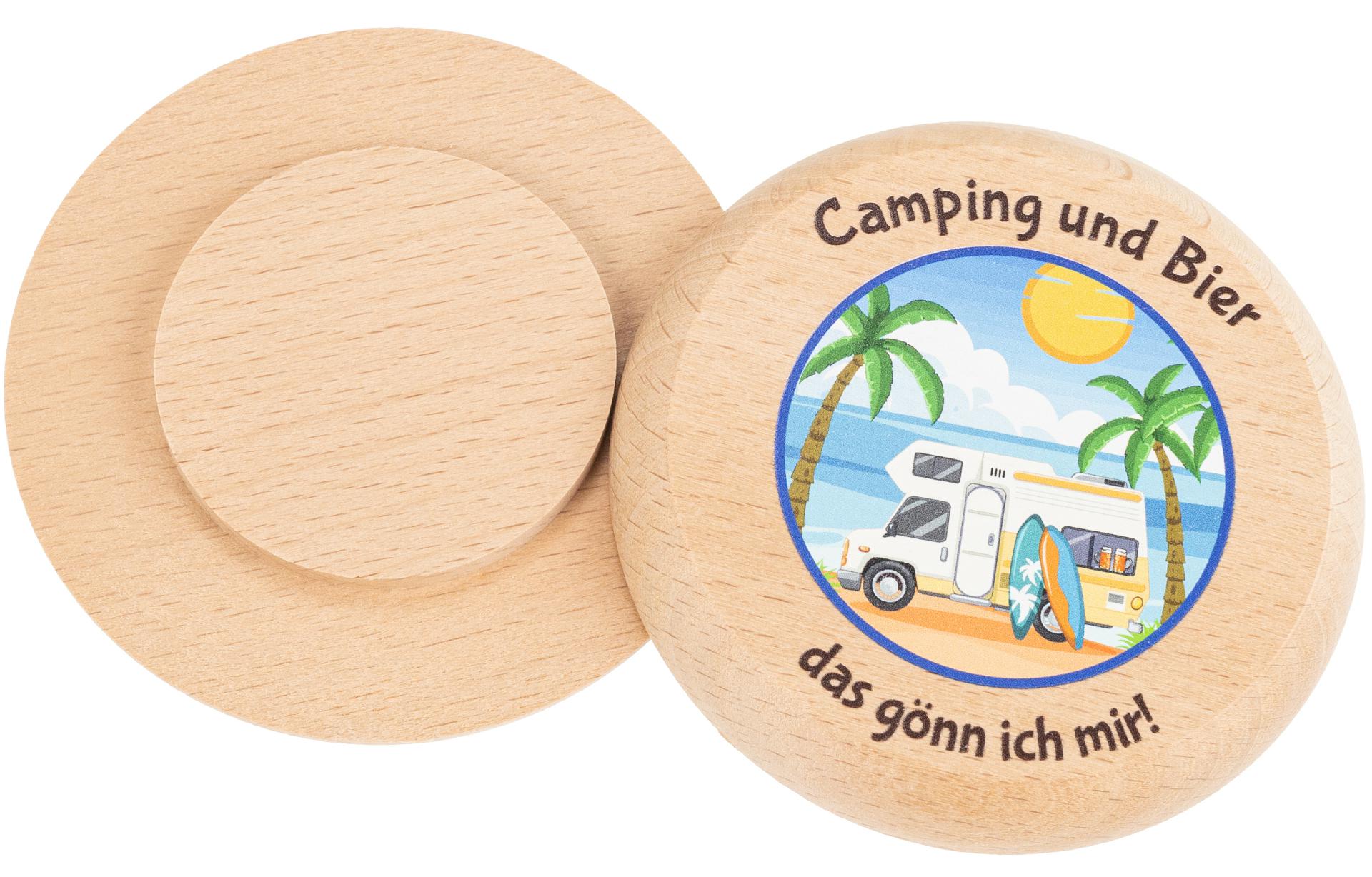 Bierdeckel aus Buchenholz mit Buntdruck Camping und Bier das goenn ich mir