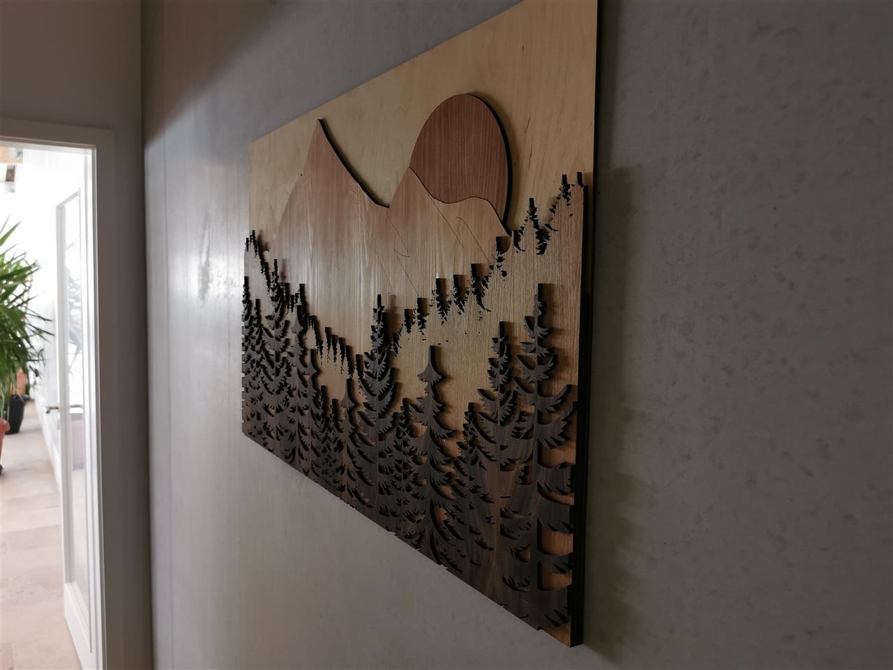 3D Wandbild Gebirge mit Wald - Fünf Ebenen und Holzarten 98x59 cm