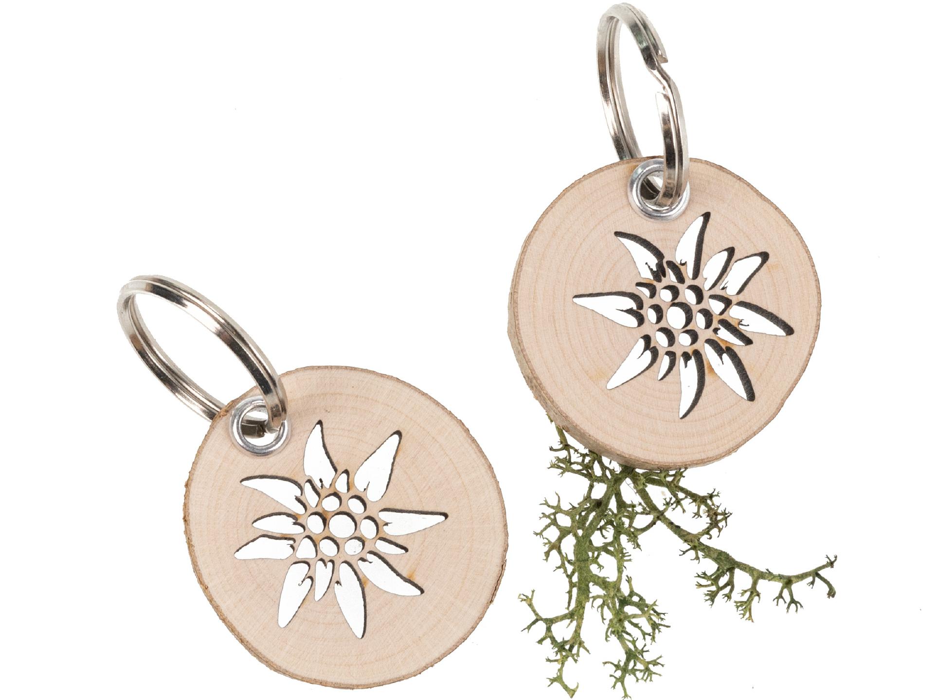 Runder Baumscheiben-Schlüsselanhänger mit Edelweiss Motiv