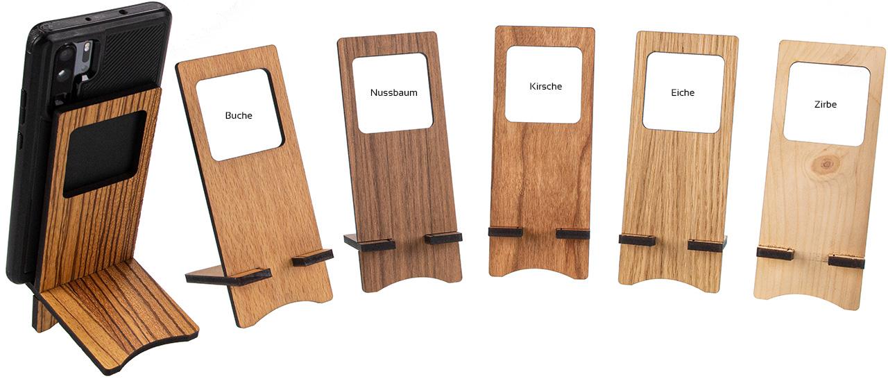 Personalisierter Smartphone Halter zum stellen und haengen mit buntem UV Druck