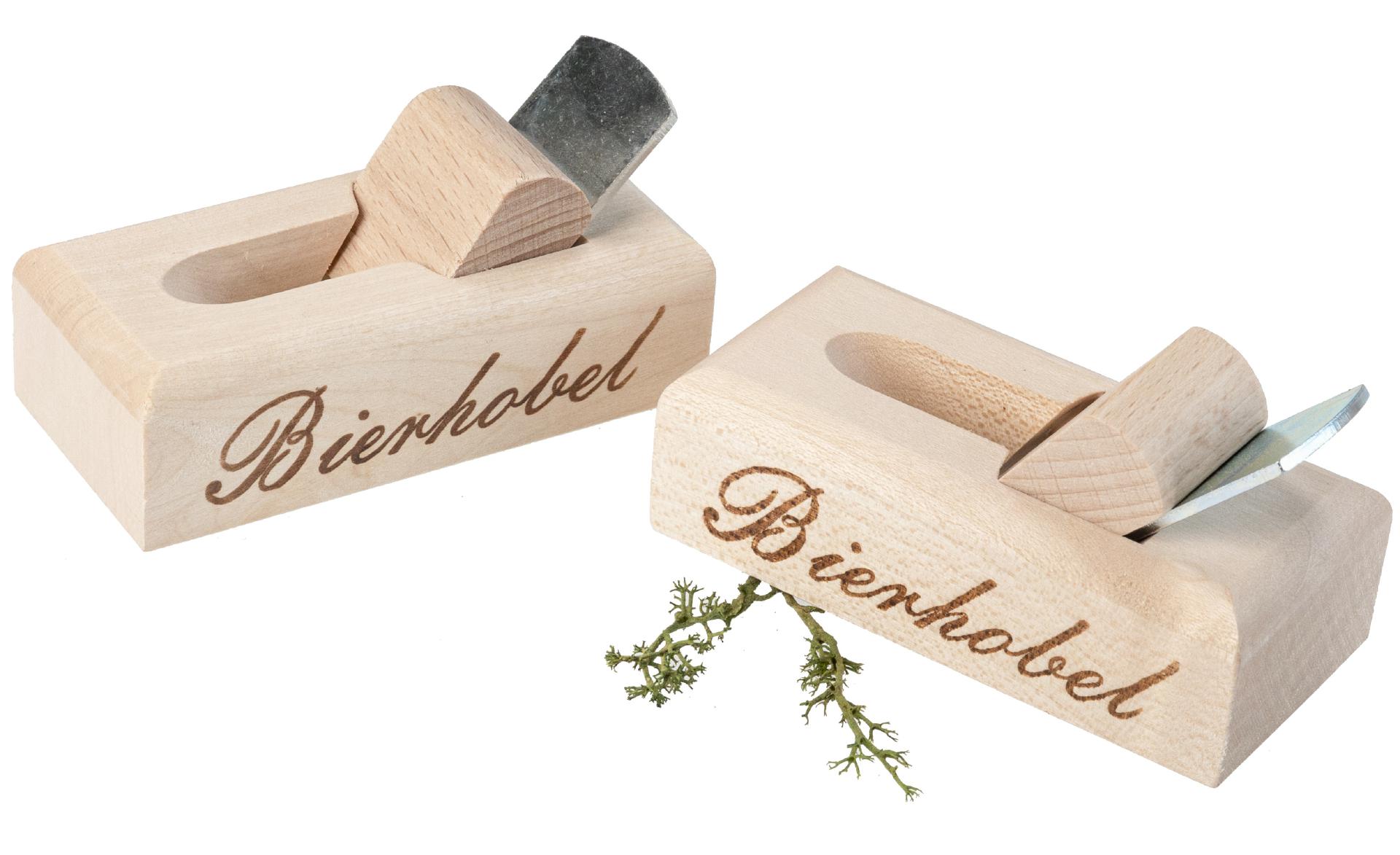 Flaschenöffner in Hobelform aus Ahornholz mit "Bierhobel" Druck