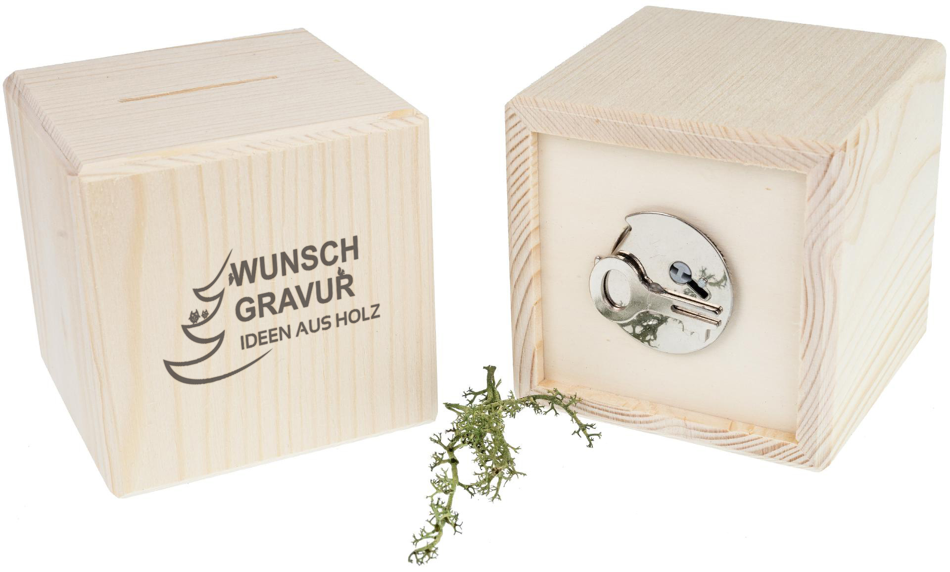 Holz Spardose Würfel 10 cm mit Metallschloss mit Ihrer Lasergravur individualisiert bis 80 cm²