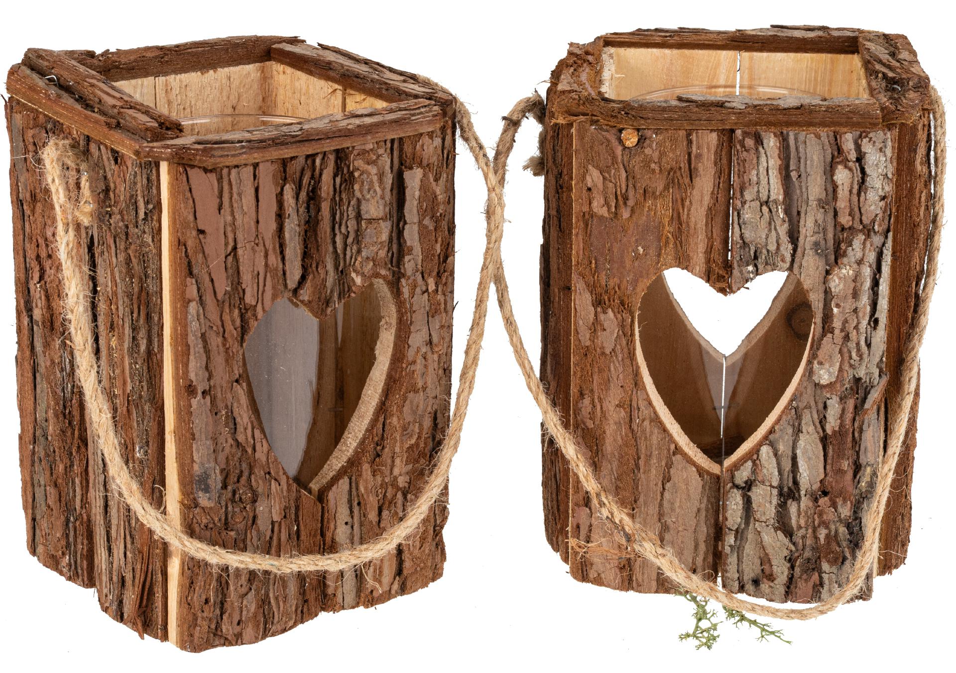 Rustikale Holz Laterne mit Rinde und Glaszylinder - Ausschnitt Herz 18x12 cm