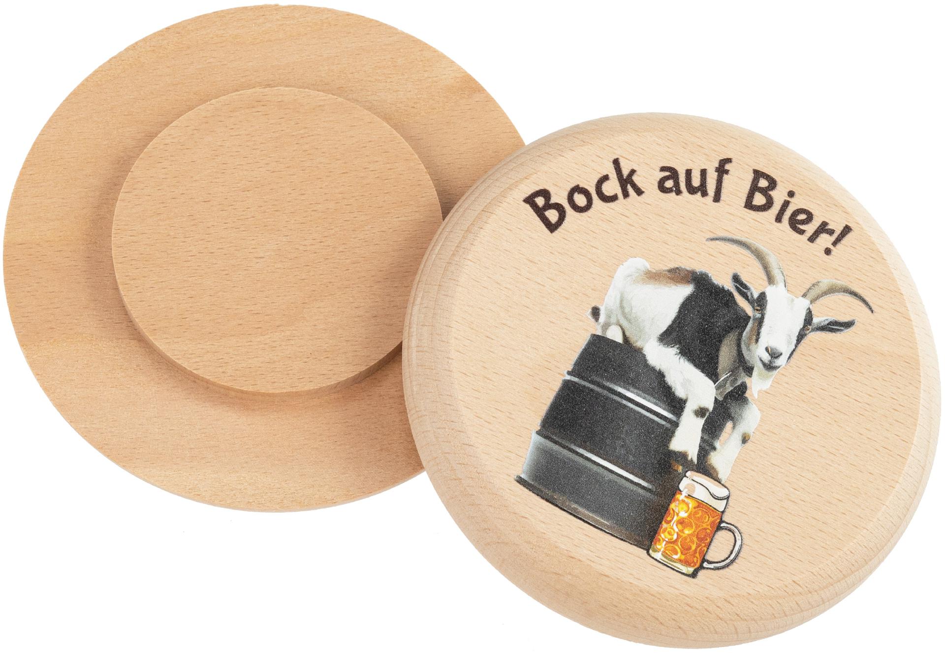 Bierdeckel aus Buchenholz mit Buntdruck Bock auf Bier