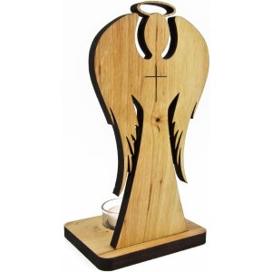 Handmade tea light holder made of oiled alder wood in the shape of an angel with glass and tea light