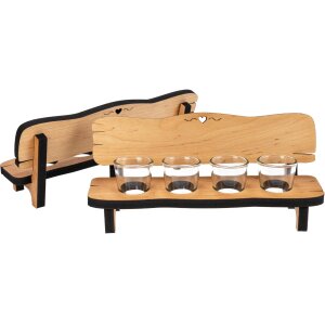 Holz Schnapsbank aus geölter Erle mit 4 Schnapsgläser