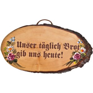 Rindenscheibe, ca. 30 cm, bemalt u. lackiert, Druck: Unser täglich Brot..
