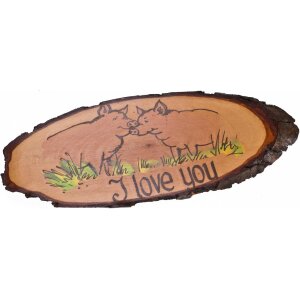 Rindenscheibe bemalt, 35 cm, Druck: I love you --- 2 Schweine