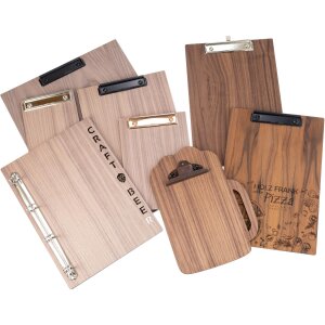 Holz Klemmbrett aus Nussbaum DIN A5 geölt - Briefklemme Gold -