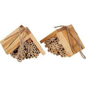 Small wild bee hotel with robust ash wood roof for hanging up