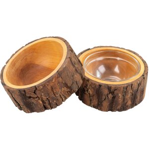 Handmade wooden food bowl for dog or cat with glass insert