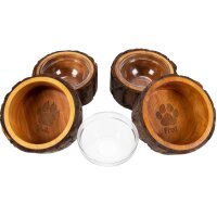 Handmade wooden food bowl for dog or cat with glass insert