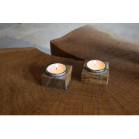 Simple tealight holder made of oiled walnut wood with tealight and glass