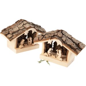 Erlenholz-Krippenstall mit Rindendach und Heiliger Familie - Handgefertigte Weihnachtskrippe