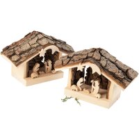 Erlenholz-Krippenstall mit Rindendach und Heiliger...