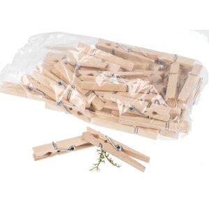 Set of 50 wooden clothespins made of beech wood - 72 mm long, with strong spring and in a bag