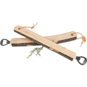 Rustic alder bottle opener with bark and leather strap | 30cm
