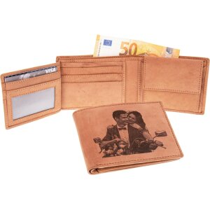 Leder Geldbeutel hellbraun mit Fotogravur einseitige Lasergravur