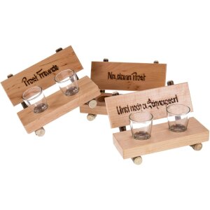 Holz Schnapsbank rustikal mit Rinde mit zwei Schnapsglas - Und noch a Schnapserl