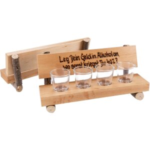 Holz Schnapsbank rustikal mit Rinde mit 4 Schnapsglas - Leg Dein Geld in Alkohol an, wo sonst kriegst 40%?