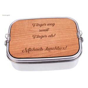 Personalized stainless steel lunch box with cutting board - Hands off or fingers off! -