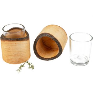 Wooden tea light turned from alder with bark and glass insert 8 x 6.5 cm