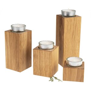 Schlichte Teelichthalter im 4er-Set aus Geölter Eiche mit Glas und Teelicht - Ideal als Adventskranz