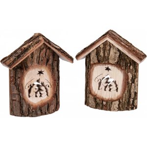 Hand-sawn oak crib with bark and Holy Family - rustic Christmas decoration"