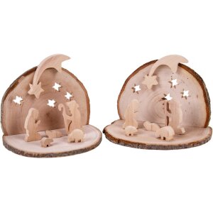 Handmade nativity scene on bark slice - Holy family with sheep