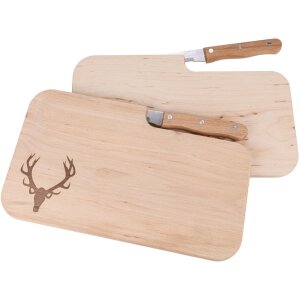 Schneidebrett mit Messerschlitz FSC® Erle 26 x 15 x 1,2 cm mit Motiv Branding Geweih mit Messer