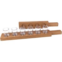 Hochwertige Schnapslatte aus schlicht geölter Eiche - Servierbrett für sechs Shotgläser inkl. Gläser