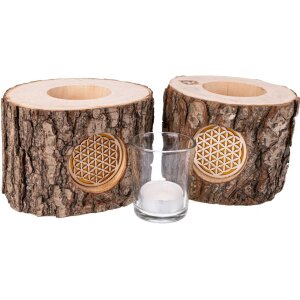 Wooden lantern with bark and backlit motif - mood chandelier flower of life