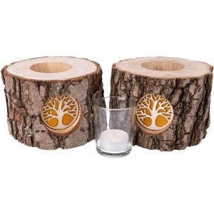 Holz-Windlicht mit Rinde und hinterleuchteten Motiv - Stimmungsleuchter Baum des Lebens