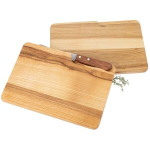 Schneidebrett mit Messerschlitz rechteckig aus FSC® Esche geölt mit Buckelsmesser Kirsche 27 x 18 x 1,5 cm