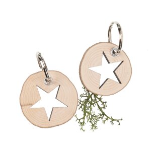 Runder Baumscheiben-Schlüsselanhänger mit Stern Motiv