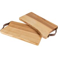 Schneidebrett Esche geölt mit Baumkante mit Ledergriff und Messingschrauben ca. 32 x 14 x 2 cm