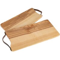 Schneidebrett Esche geölt mit Baumkante mit Ledergriff und Messingschrauben ca. 45 x 20 x 2 cm