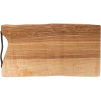Schneidebrett Esche geölt mit Baumkante mit Ledergriff und Messingschrauben ca. 45 x 20 x 2 cm