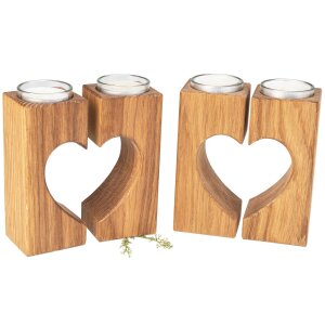 Two-part tea light holder heart made of oiled oak with glass and tea lights