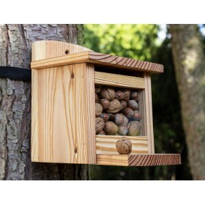 Squirrel feeder made of European larch - including nut dispenser / food box